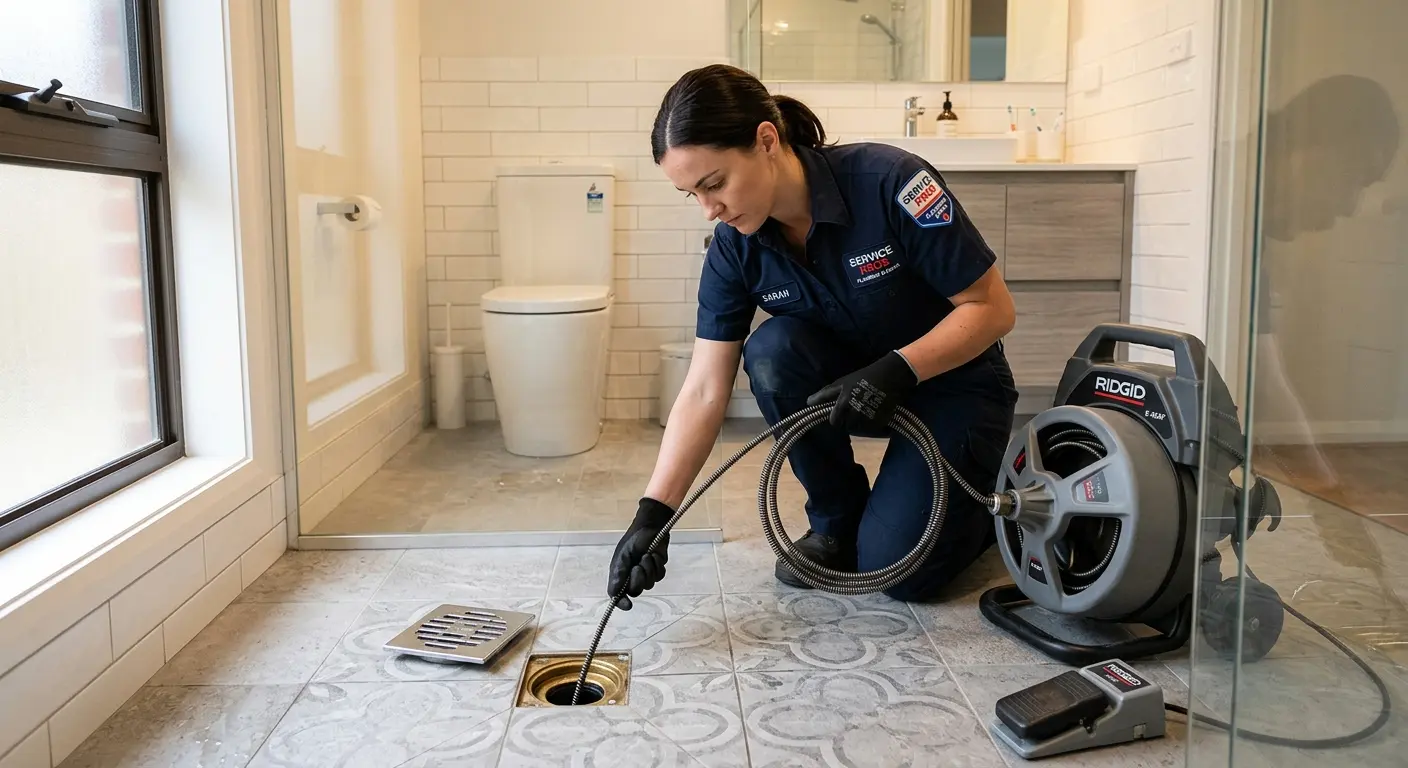 Technician clearing a bathroom floor drain for Hydro Jetting in Irvine